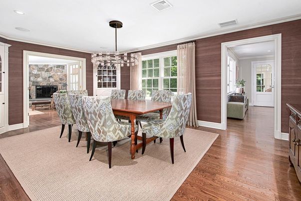 Dining room, Fireplace, Interior, Pendant Lights, Recessed Lighting, Wood Texture Flooring