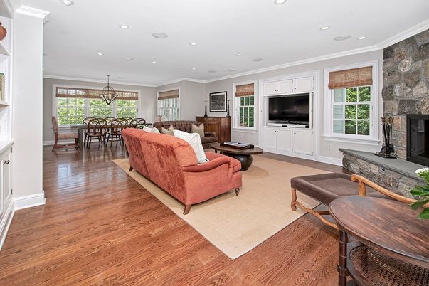 Dining room, Fireplace, Interior, Living room, Pendant Lights, Recessed Lighting, Stone Walls, Wood Texture Flooring