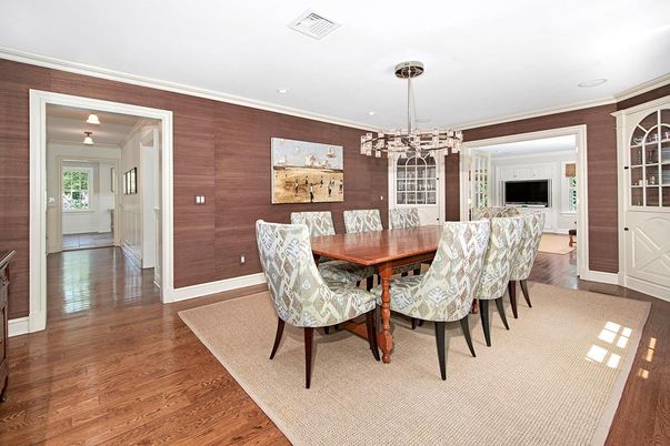 Dining room, Interior, Pendant Lights, Recessed Lighting, Wood Texture Flooring, Wooden Walls