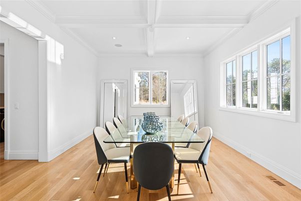 Dining room, Interior, Recessed Lighting, Wood Texture Flooring