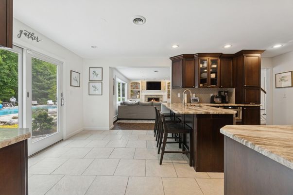 Fireplace, Interior, Kitchen, Living room, Recessed Lighting