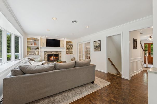 Fireplace, Interior, Living room, Recessed Lighting, Wood Texture Flooring
