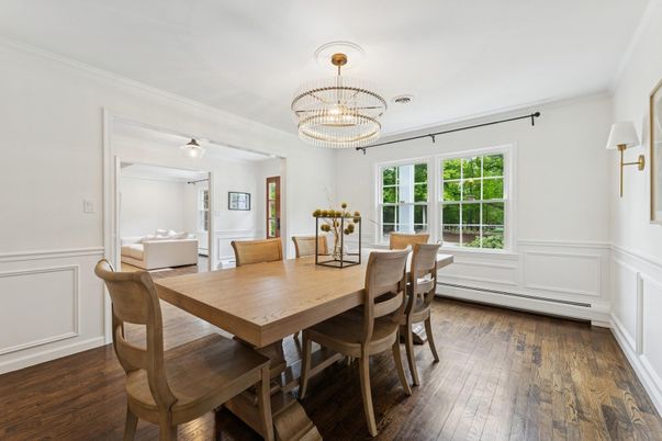 Chandelier, Dining room, Interior, Wood Texture Flooring