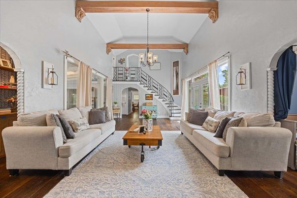 Chandelier, Interior, Living room, Wooden Beams, Wood Texture Flooring