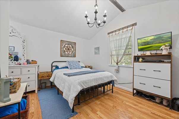 Bedroom, Chandelier, Interior, Wooden Beams, Wood Texture Flooring