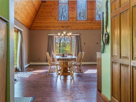 Chandelier, Dining room, Interior, Wooden Ceilings, Wood Texture Flooring, Wooden Walls