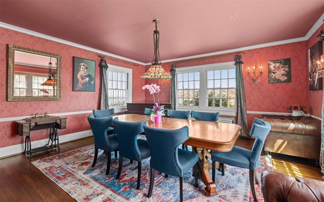 Dining room, Interior, Pendant Lights, Wood Texture Flooring