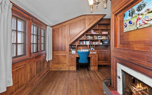 Fireplace, Home Office, Interior, Wood Texture Flooring, Wooden Walls