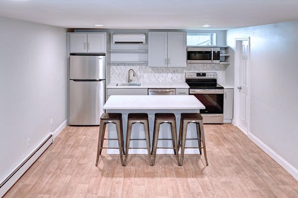 Interior, Kitchen, Recessed Lighting, Stainless Steel Appliances, Wood Texture Flooring
