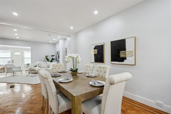 Dining room, Interior, Living room, Recessed Lighting, Wood Texture Flooring