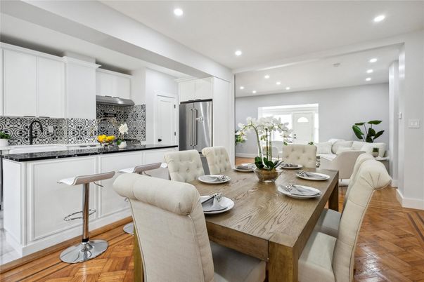 Dining room, Interior, Kitchen, Recessed Lighting, Stainless Steel Appliances, Wood Texture Flooring