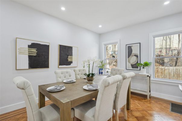 Dining room, Interior, Recessed Lighting, Wood Texture Flooring