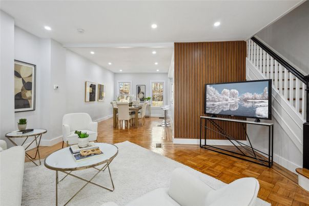 Dining room, Interior, Living room, Recessed Lighting, Wood Texture Flooring