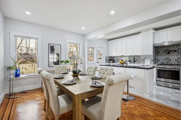 Dining room, Interior, Kitchen, Recessed Lighting, Stainless Steel Appliances, Wood Texture Flooring