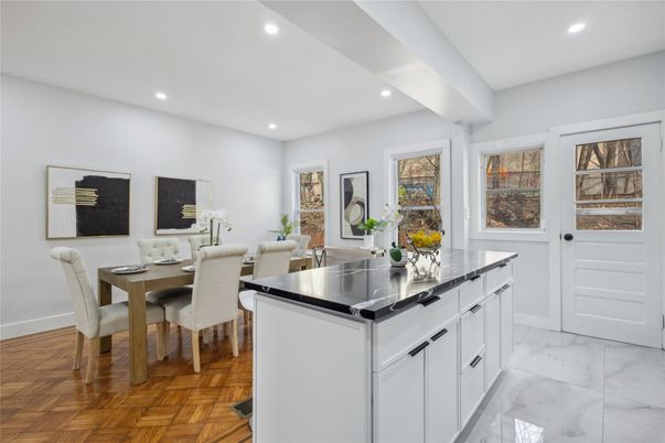 Dining room, Interior, Kitchen, Marble, Recessed Lighting, Wood Texture Flooring