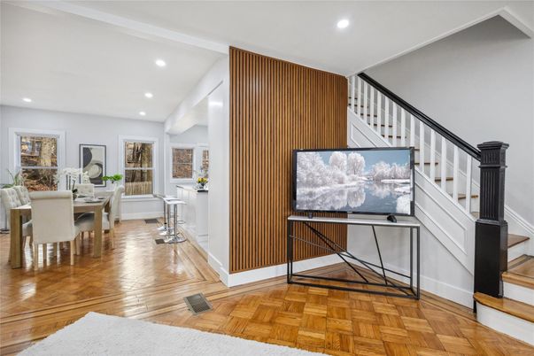 Dining room, Interior, Recessed Lighting, Wood Texture Flooring