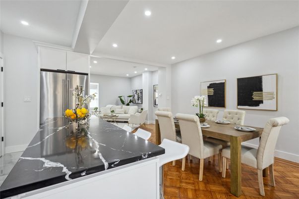 Dining room, Interior, Kitchen, Recessed Lighting, Stainless Steel Appliances, Wood Texture Flooring