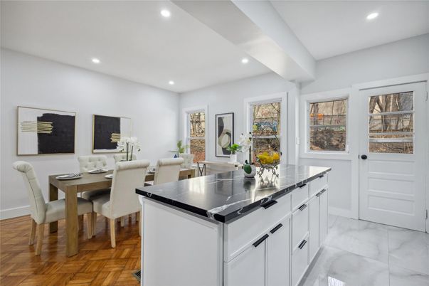 Dining room, Interior, Kitchen, Marble, Recessed Lighting, Wood Texture Flooring
