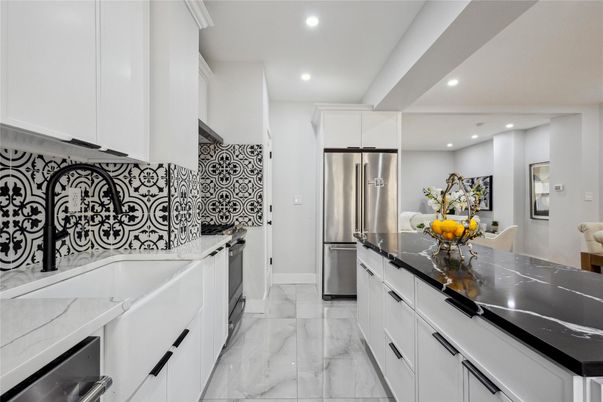 Interior, Kitchen, Marble, Recessed Lighting, Stainless Steel Appliances