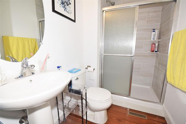 Bathroom, Glass Shower, Interior, Wood Texture Flooring