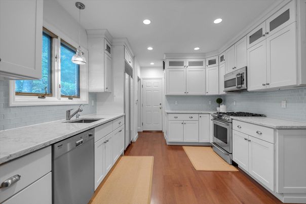 Interior, Kitchen, Pendant Lights, Recessed Lighting, Stainless Steel Appliances, Wood Texture Flooring