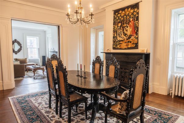 Chandelier, Dining room, Fireplace, Interior, Wood Texture Flooring