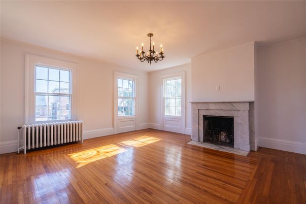 Chandelier, Empty room, Fireplace, Interior, Wood Texture Flooring