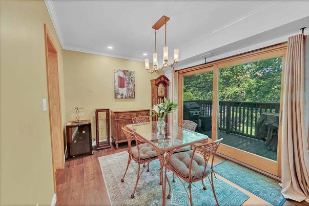 Dining room, Interior, Pendant Lights, Recessed Lighting, Wood Texture Flooring