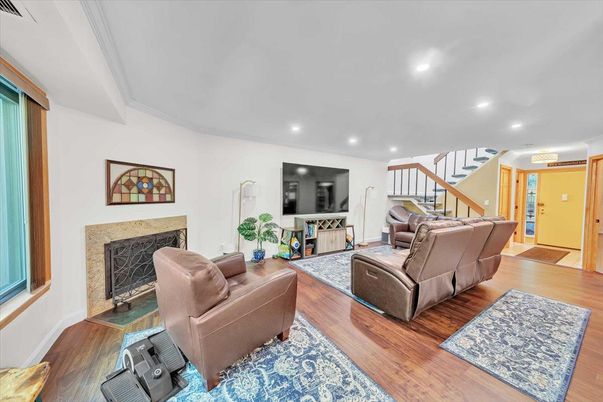 Fireplace, Interior, Living room, Recessed Lighting, Wood Texture Flooring