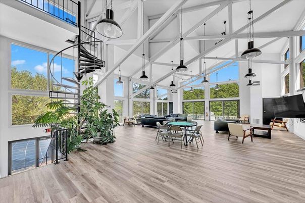 Dining room, Interior, Living room, Pendant Lights, Sun Room, Wood Texture Flooring