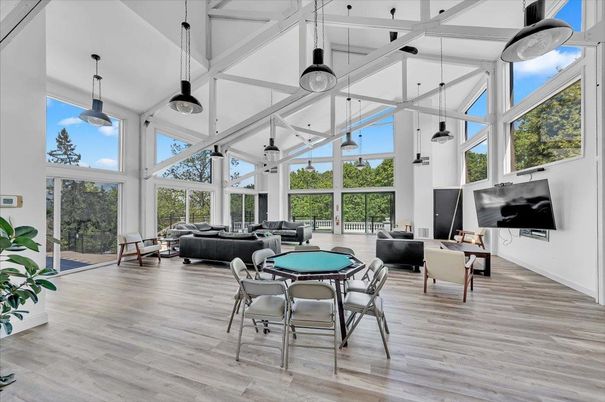 Billiard Table, Dining room, Game Room, Interior, Living room, Pendant Lights, Wood Texture Flooring