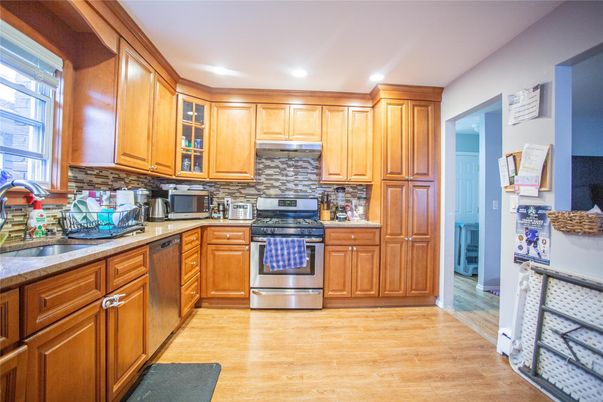 Interior, Kitchen, Recessed Lighting, Stainless Steel Appliances, Wood Texture Flooring