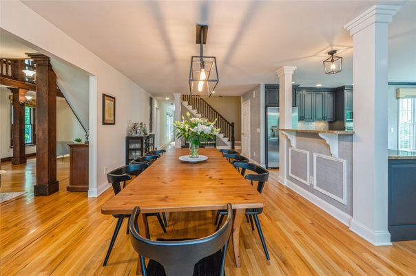 Dining room, Interior, Kitchen, Pendant Lights, Recessed Lighting, Wood Texture Flooring