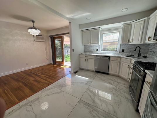 Chandelier, Interior, Kitchen, Marble, Recessed Lighting, Stainless Steel Appliances, Wood Texture Flooring
