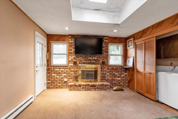Fireplace, Interior, Recessed Lighting, Stone Walls, Washer, Wooden Walls