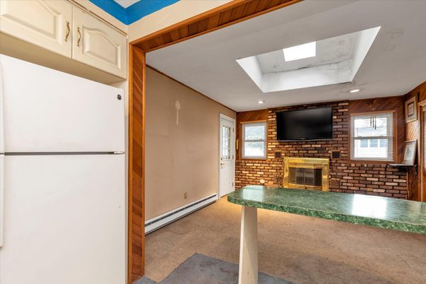 Empty room, Fireplace, Interior, Recessed Lighting, Stone Walls