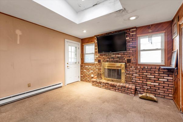 Empty room, Fireplace, Interior, Recessed Lighting, Stone Walls