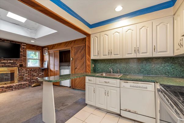 Fireplace, Interior, Kitchen, Recessed Lighting, Stone Walls