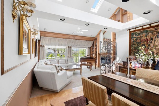 Dining room, Fireplace, Interior, Living room, Piano, Recessed Lighting, Wood Texture Flooring