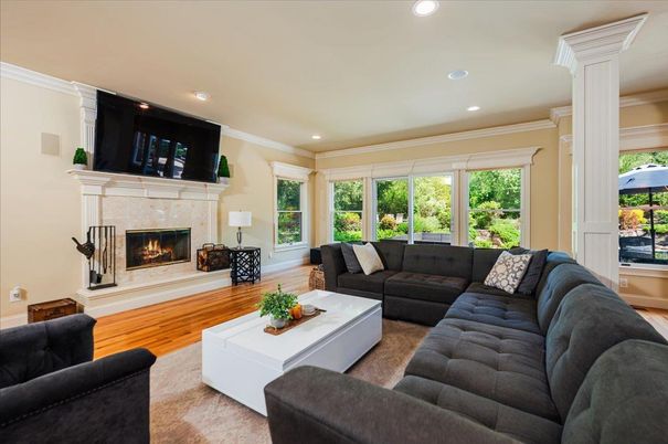 Fireplace, Interior, Living room, Recessed Lighting, Wood Texture Flooring
