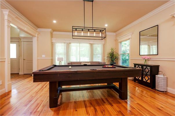 Billiard Table, Game Room, Interior, Pendant Lights, Recessed Lighting, Wood Texture Flooring