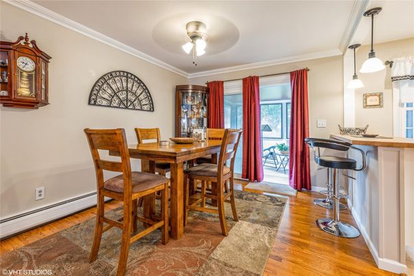 Dining room, Interior, Pendant Lights, Wood Texture Flooring