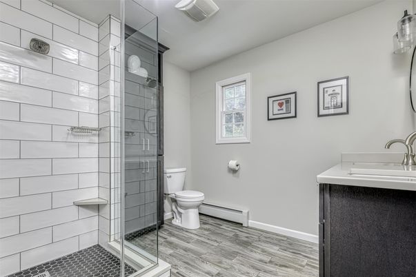 Bathroom, Glass Shower, Interior, Wood Texture Flooring