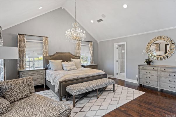 Bedroom, Chandelier, Interior, Recessed Lighting, Wood Texture Flooring