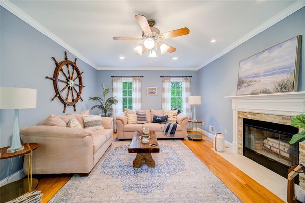 Fireplace, Interior, Living room, Recessed Lighting, Wood Texture Flooring