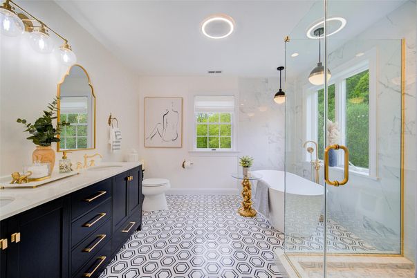 Bathroom, Dual Sink Vanities, Free Standing Baths, Glass Shower, Interior, Marble Walls, Pendant Lights, Recessed Lighting