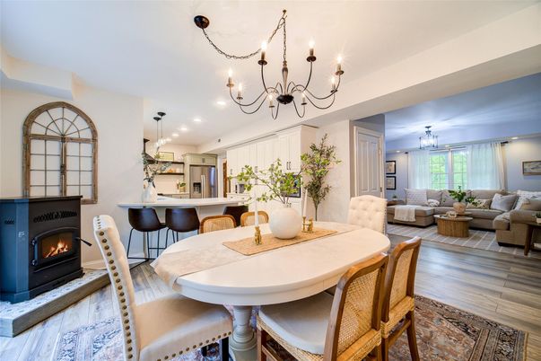 Chandelier, Dining room, Fireplace, Interior, Kitchen, Living room, Pendant Lights, Recessed Lighting, Wood Texture Flooring