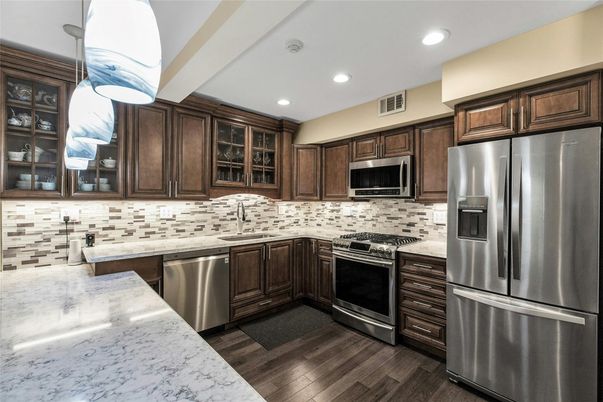 Interior, Kitchen, Recessed Lighting, Stainless Steel Appliances, Wood Texture Flooring