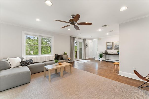 Interior, Living room, Recessed Lighting, Wood Texture Flooring