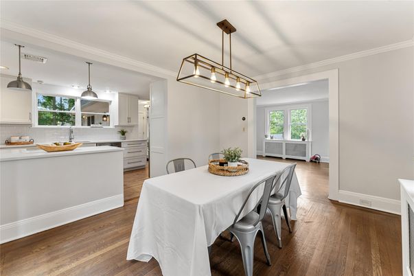 Dining room, Interior, Kitchen, Pendant Lights, Wood Texture Flooring